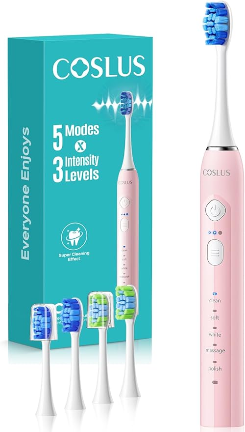 COSLUS Sonic Electric Toothbrush for Adults & Kids: 3 Intensities & 5 Modes Gum-Friendly for Deep Cleaning & Whitening - 2 Types of Heads for Family, Sensitive Teeth, Braces, Travel & Home Use, Pink