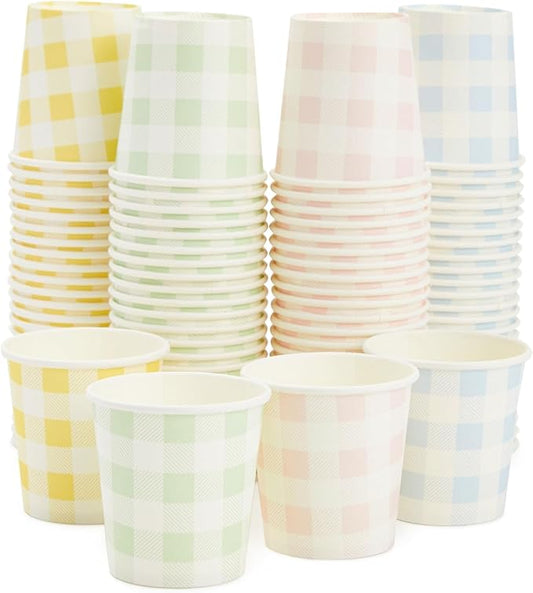 Sparkle and Bash Gingham Cups - 100 Pack, 4 oz, Pastel Gingham - Mini Disposable Paper Cup for Espresso Shots - Pastel Disposable Coffee Cups