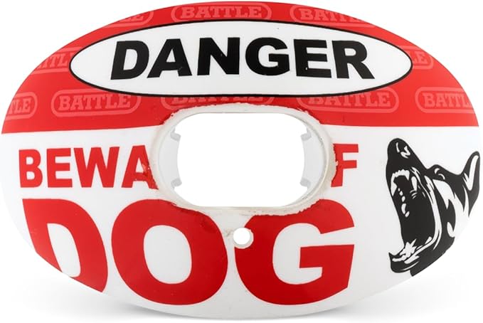 Battle Sports Oxygen Football Mouthguard - Football Mouth Guard with Strap, Superior Airflow & Better Performance, Maximum Breathability, Works with Braces - Beware of Dog/Red