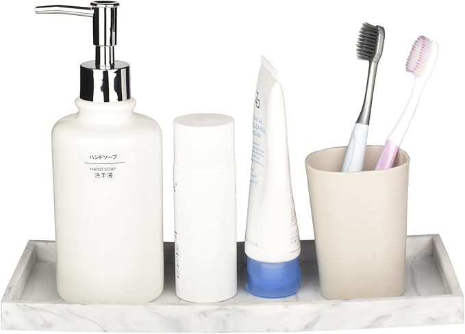 DNC Silicone Bathroom Vanity Tray for Counter, 11.8" Kitchen Sink Soap Tray for Dish Holder Dispenser Countertop Toilet Tank Decor Organizer Marble White