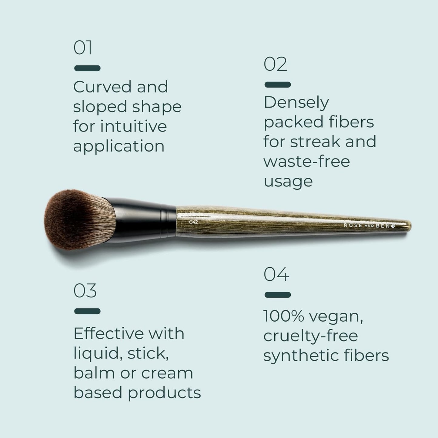 Rose and Ben Beauty C42 Foundation Brush & Setting Puff Bundle | Professional Makeup Tools for Flawless Liquid, Cream & Powder Application | Streak-Free Coverage & Precise Undereye Blending | Cruelty-