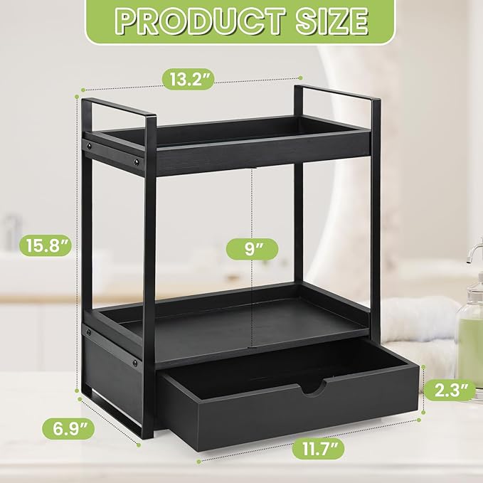 2-Tier Bathroom Organizer Countertop with Drawer, Wood Counter Shelf for Storage, Vanity Tray for Organization and Decor, Countertop Organizer for Bathroom, Kitchen, Office (Black)