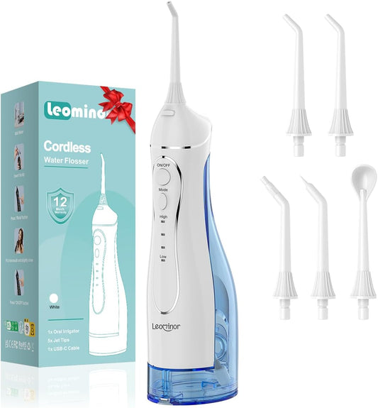 Leominor Water Dental Flosser Pick for Teeth, 300ML Portable Oral Irrigator Upgraded Tank Removable,IPX7 Waterproof, Rechargeable Travel Teeth Cleaner, Professional Electric Flossing (Blue White)