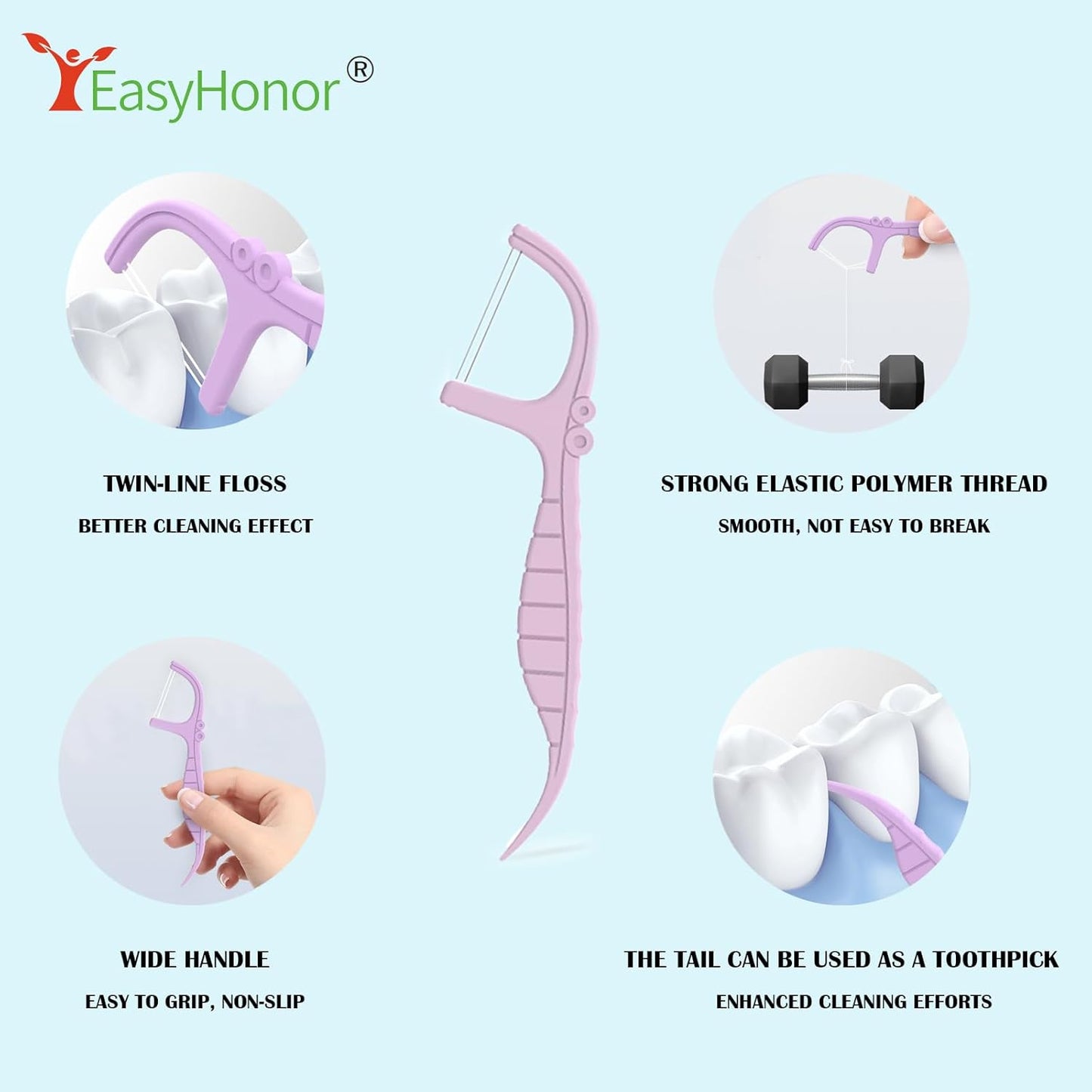 EasyHonor Dental Floss Picks,Twin-Line Lemon Flavor Dental Flossers, Dual Action Flossing System, Easy Carry and Pick, 156 Count Floss Sticks in 3 Portable case.(Purple, Lemon)