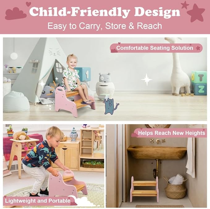 StrongTek Kids 2 Step Stool, Rubber Wood Step Children Stool, Safe & Sturdy, Ideal for Bathroom, Kitchen, Home Use, Durable, Non-Slip, Child Safety, Foot Stool, Toddler Step Stool, Easy to Clean