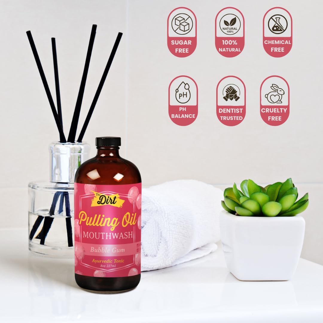 THE DIRT Oil Pulling Mouthwash - Gluten Free - Removes Plaque, Tartar, Bad Breath & Whitens Teeth (Bubblegum, 8 Ounce)