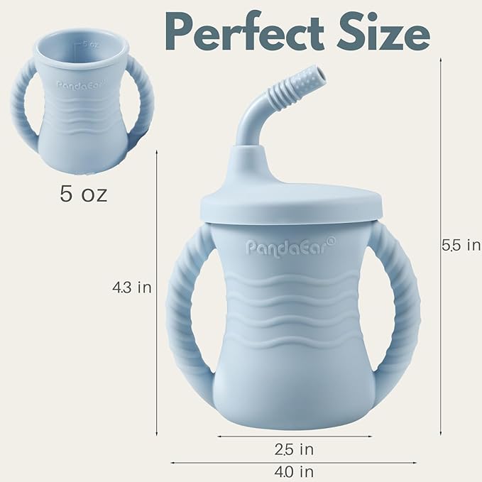PandaEar Silicone Training Cup, 2 Pack Baby Drinking Sippy Cups with Handles & Straw for Baby and Toddler 6 Months+ (Dark Blue/Light Blue)