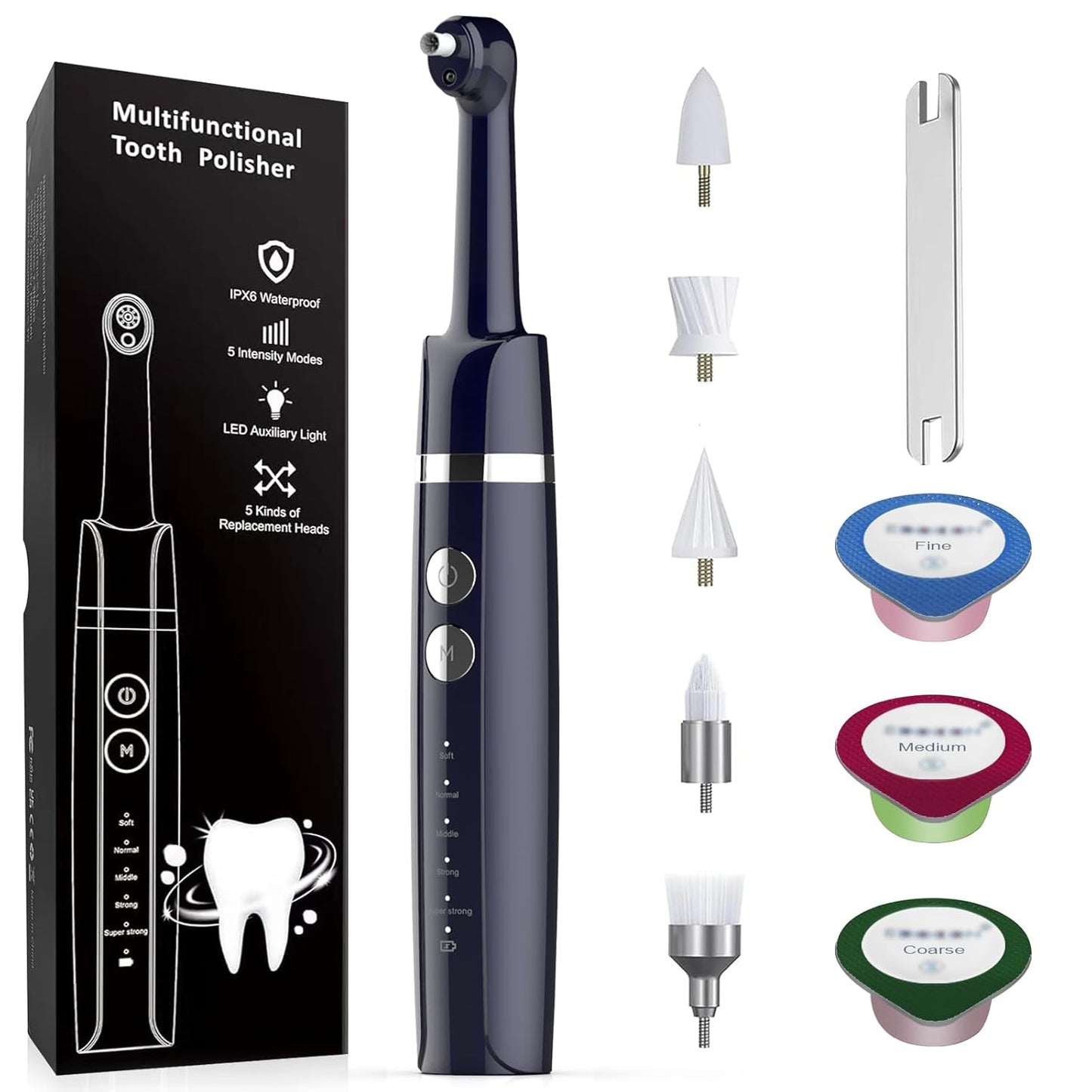 Tooth Polisher,Teeth Polishing Kit for Daily Cleaning,Polishing Then Whitening of Tooth (Professional Toothpaste Include),USB Rechargeable Dental Polisher with LED Light,6 Heads,5 Speed Modes