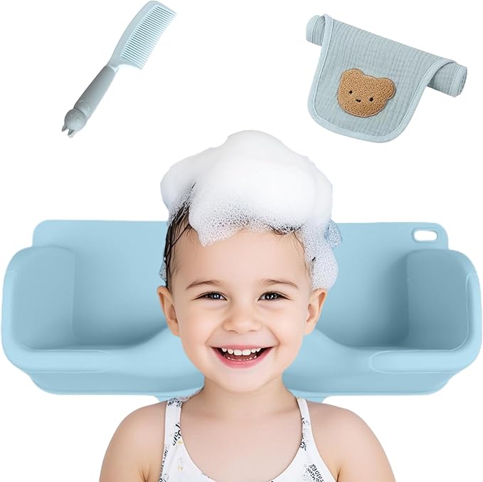 Portable Hair Washing Station for Kids, Toddlers, Tear-Free Shampoo Bowl with Neck Support, Silicone Hair Wash Basin for Sink or Bathtub,Blue