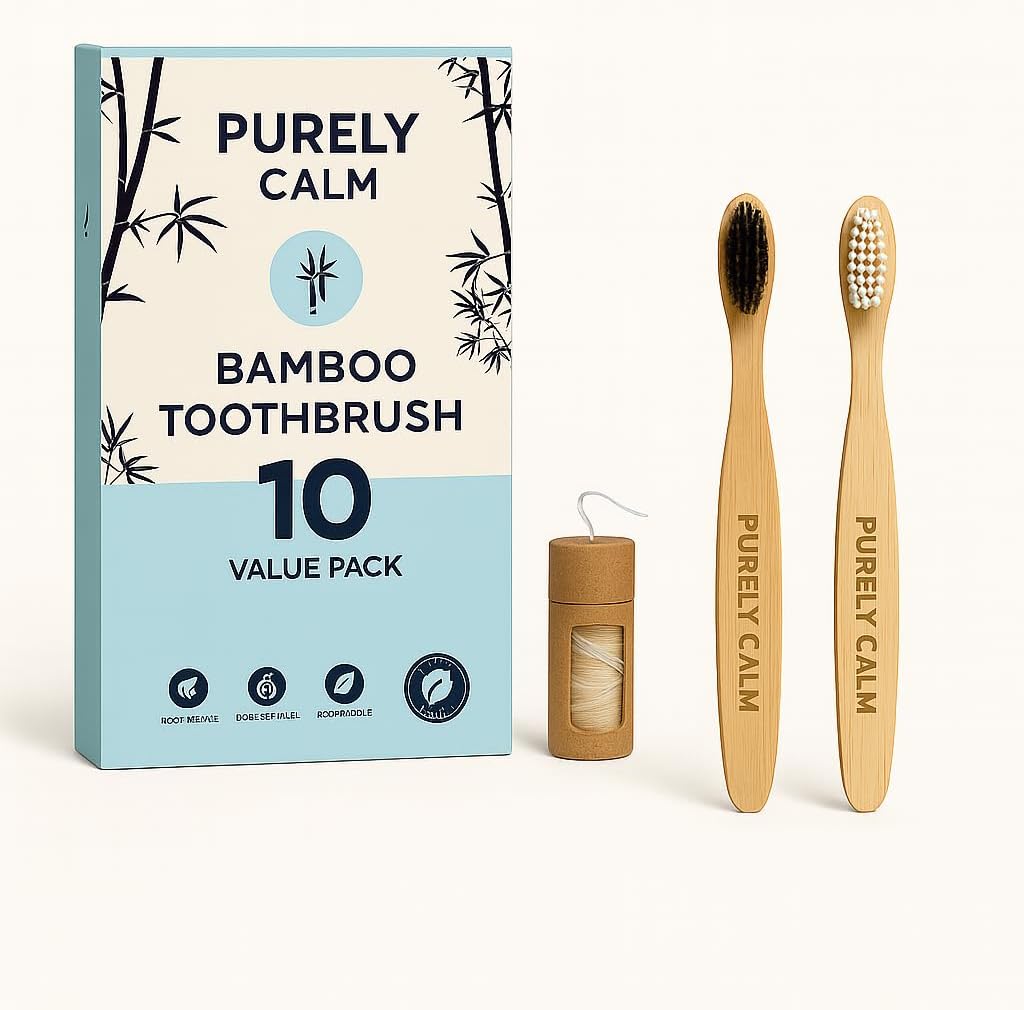 Bamboo Toothbrushes Set – 10-Pack (8 Standard + 2 Charcoal Bristle) – 2 Dental Floss as a Bonus - Eco-Friendly, Biodegradable Soft Bristle Toothbrush, Wooden Toothbrush for Adults & Kids