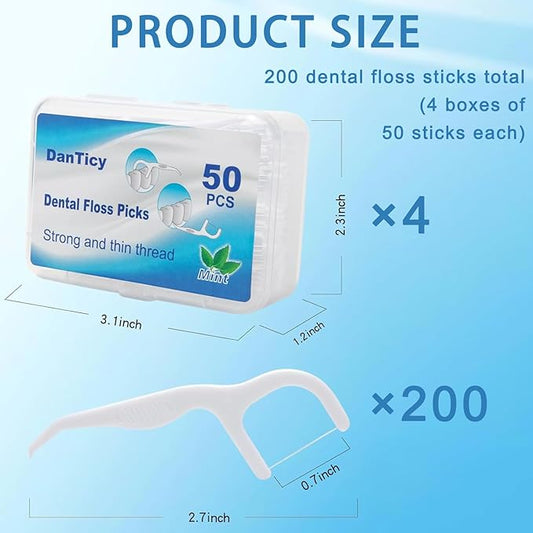 Extra Strong Dental Floss Picks | Professional Clean Flosser Picks | Toothpicks for Adults | Easy Grip Handle | Fresh Mint, 50 Count 4 Pack