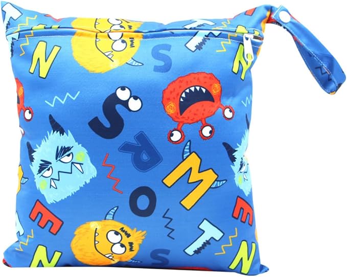 Waterproof Wet Dry Bag, Reusable Diaper Pouch with Zipper, Machine Washable Travel Organizer for Beach, Daycare, Kids, Dinosaur Pattern (Blue Monster)