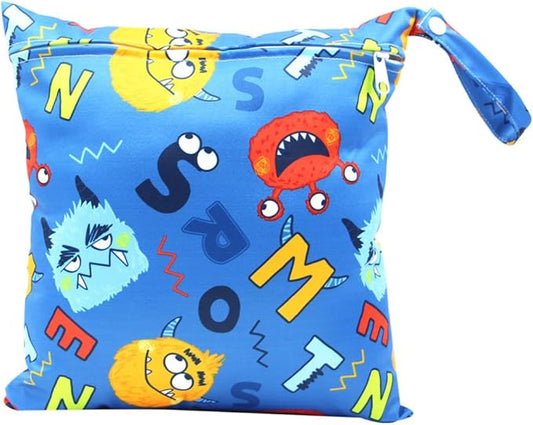 Waterproof Wet Dry Bag, Reusable Diaper Pouch with Zipper, Machine Washable Travel Organizer for Beach, Daycare, Kids, Dinosaur Pattern (Blue Monster)