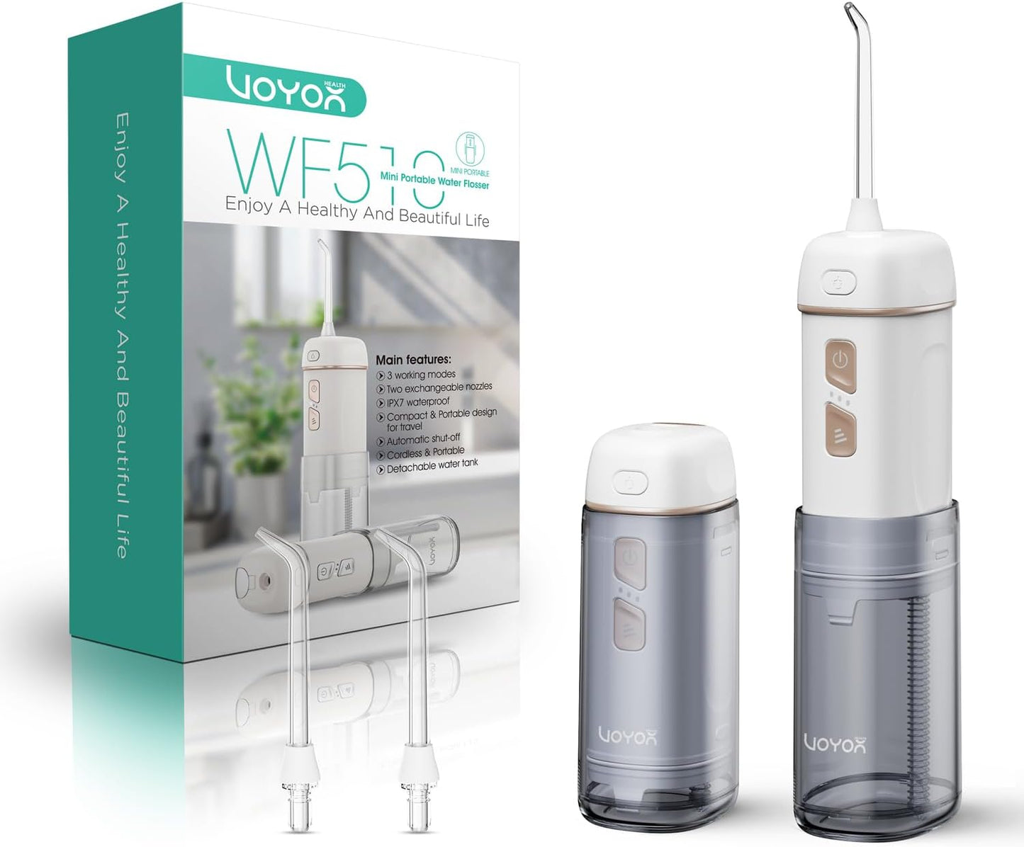 VOYOR-HEALTH Water Flosser Cordless for Teeth, Portable Mini Irrigador Dental, 3 Modes IPX7 Waterproof Rechargeable Electric Flosser, Home & Travel Power Dental Flossers for Braces WF510 (Gold)