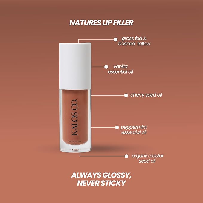Tinted Lip Oil with Tallow & Lanolin – Hydrating Balm-Gloss Hybrid with Cherry Seed Oil & Castor Oil – Natural Mineral Pigments, Nourishing Moisture, Non-Sticky Shine (5 Shades) (Poppy)