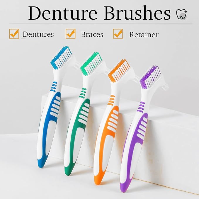 Denture Brush Dual Head Toothbrushes False Teeth Brush Denture Cleaning Kit Toothbrush (Orange Blue)