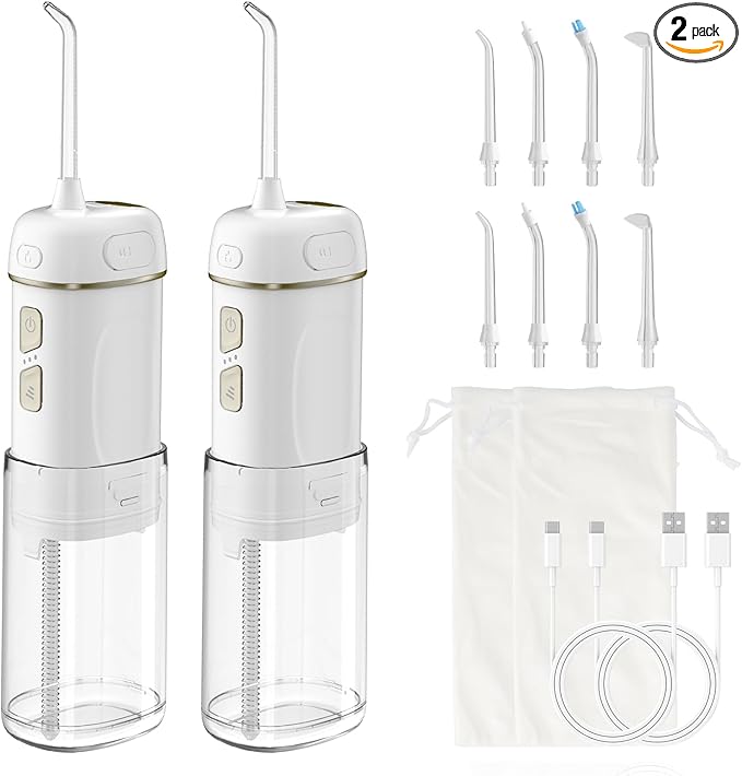 Hibbent 2 Pack Portable Cordless Water Flosser, Mini Oral Irrigator with 3 Modes & 4 Jet Tips, IPX7 Waterproof Rechargeable Travel Electric Dental Flosser for Braces Care, Sensitive Teeth, Orthodontic