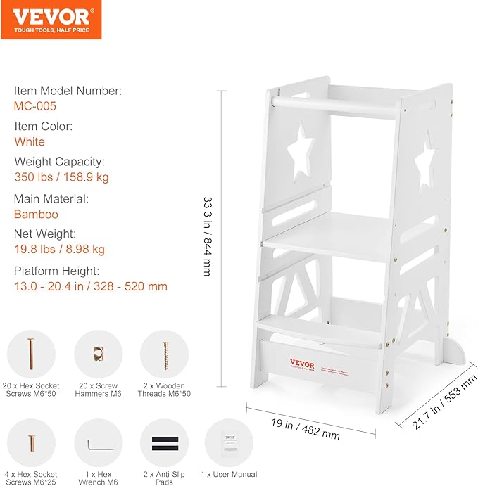 VEVOR Tower Step Stool, 3-Level Height Adjustable Toddler Step Stools for Kids, Bamboo Kitchen Stool, Standing Tower Learning Stool with Safety Rail for Kitchen Counter Bathroom, 350LBS, White