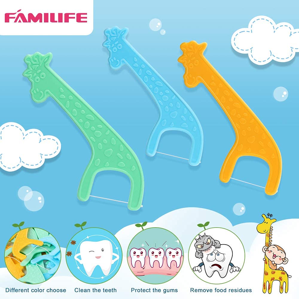 FAMILIFE Kid's Dental Floss Picks, Unflavored Tooth Pick Flossers Children with Portable Travel Cases Refills Pack, 204 Pcs