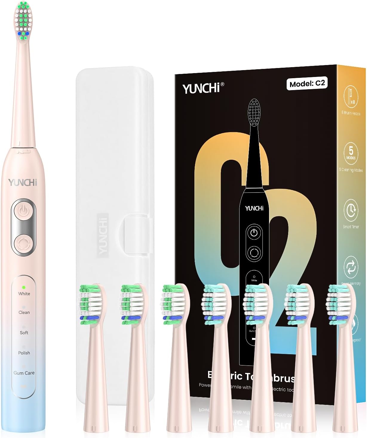 YUNCHI Electric Toothbrush for Adults and Kids, Sonic Rechargeable Battery Toothbrushes, 8 Brush Heads, 1 Travel Case, 2 Min Timer, IPX7 Waterproof, 5 Modes, Blue Yellow Gradient