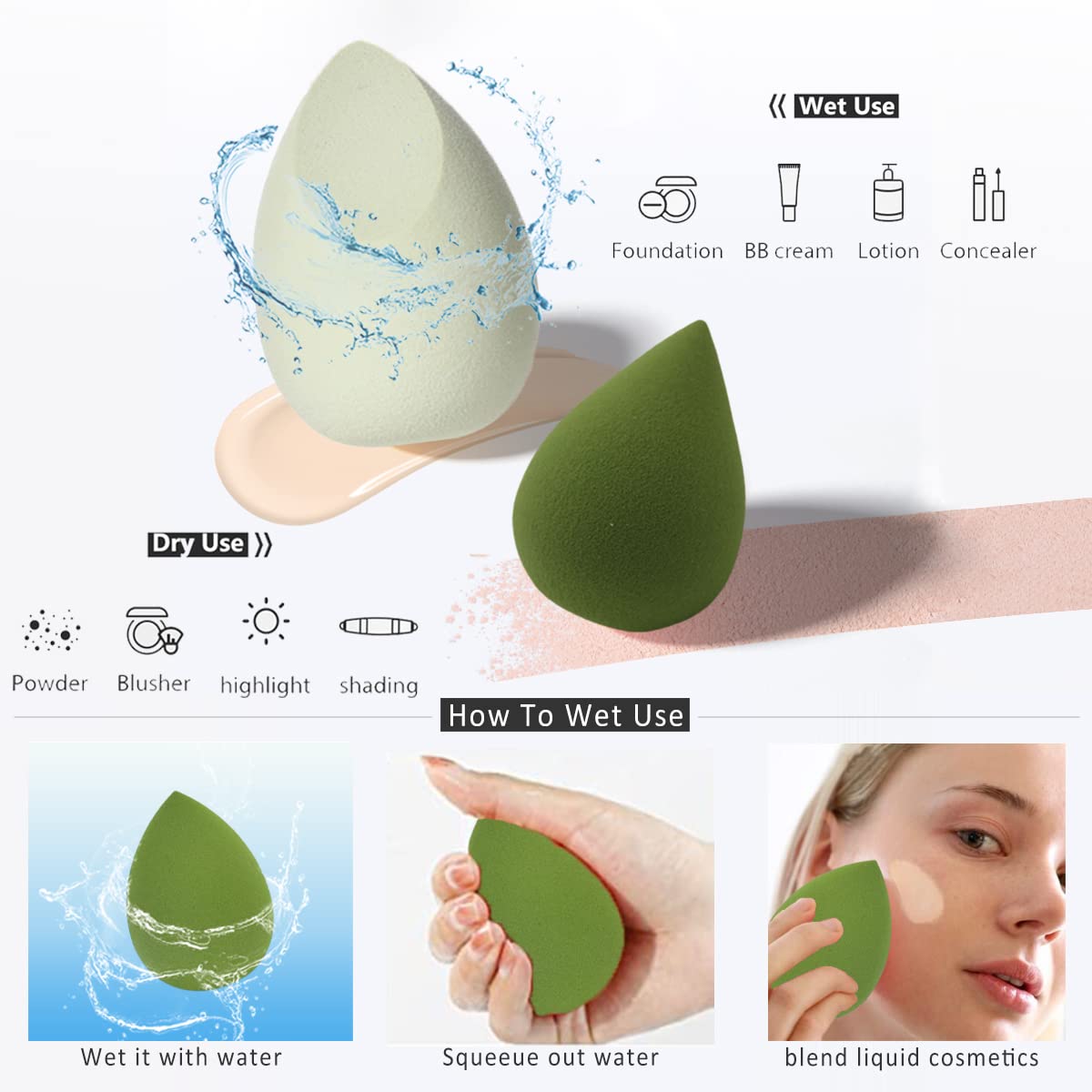 5 Pcs Makeup Sponges Set - 4 Beauty sponges Blending Blenders with 1 Holder and Egg Case, Flawless for Cream, Powder and Liquid (Pink) (Green)