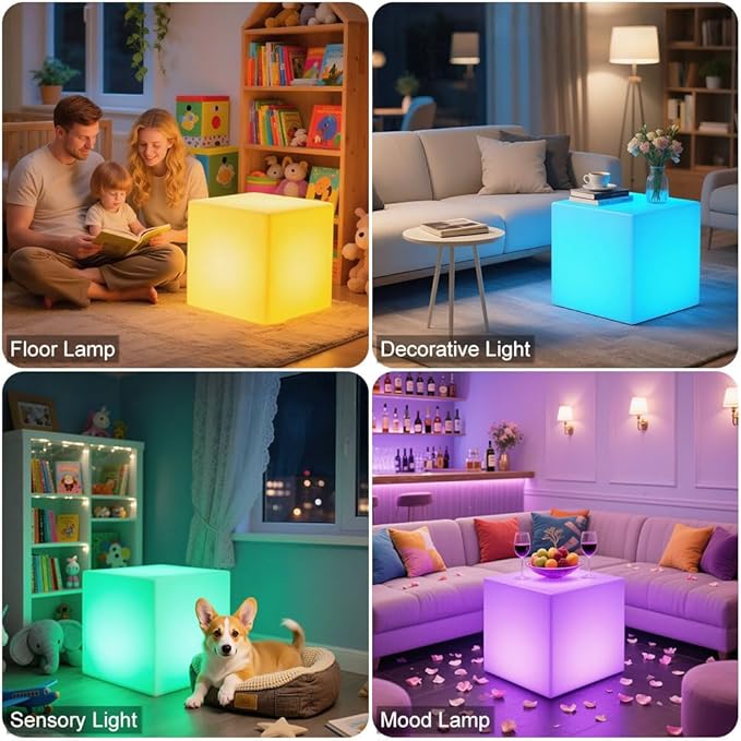 20-in LED Cube Chair, Dimmable RGB Color Changing Light Cubes w/Remote, Versatile Large LED Cube Seat, Rechargeable Light Table Waterproof Outdoor Floor Lamp, Ideal Home Garden Patio Pool Party Decor