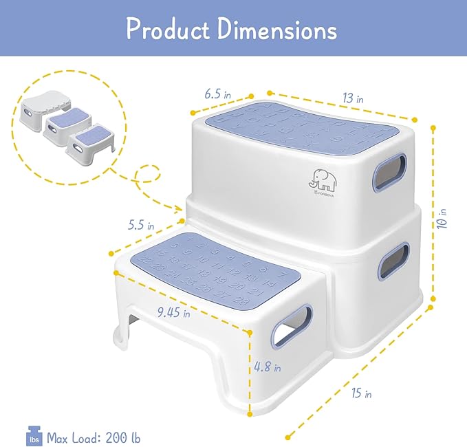 Forbena Kids Step Stool for Bathroom, Two Stepping Stool for Toddlers Toilet Potty Training, Sturdy Children Plastic Step Stool for Bed Bathroom Kitchen Counter Sink (White-Blue)