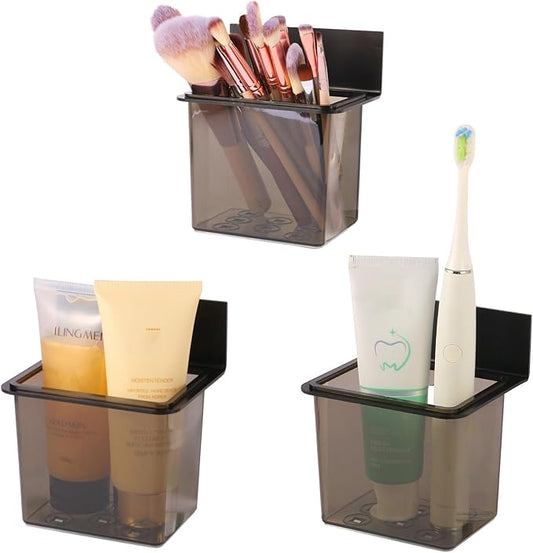 Toothbrush Holder Toothpaste Holder with Wall Mount for Family, Metal Frame & Plastic Black Bathroom Organizer Set with Adhere Tape for Bathroom Toothbrush Toothpaste Floss Razor -one Pack