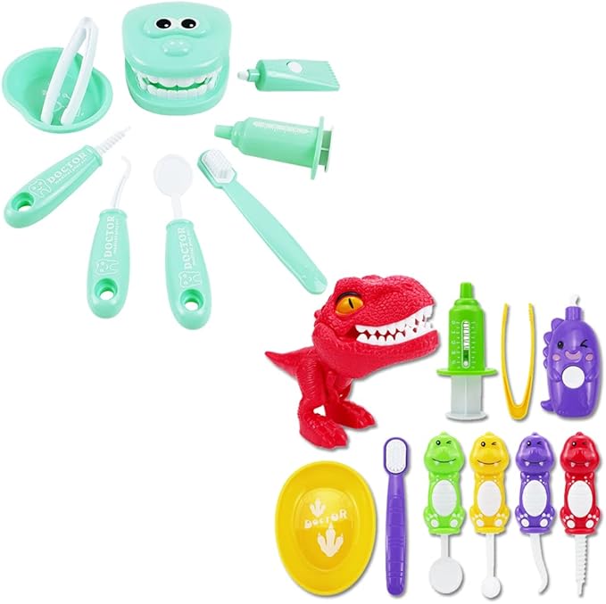 Bundle 19PCS = 9PCS Plastic Simulation Dentist Play Set （Green） + 10PCS Plastic Dinosaur Simulation Dentist Play Set (Mixed Colors)