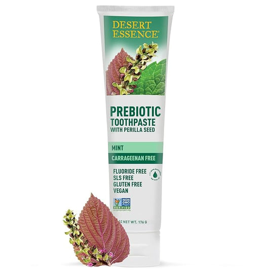 Desert Essence Prebiotic Plant-Based Whitening Toothpaste - Mint - Oral Care with Inulin, Perilla Seed & Aloe - Vegan, Fluoride Free, Non-GMO, Gluten-Free, Cruelty-Free - 6.25 oz