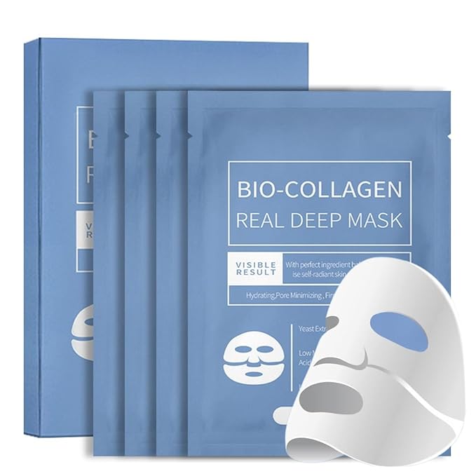Bio-Collagen Real Deep Mask, Overnight Hydrating Mask, Pore Minimizing, Firming, Yeast Extract, Low Molecular Hyaluronic Acid Solution, Low Molecular Collagen, 28g, 4ea (With nasolabial fold patches)