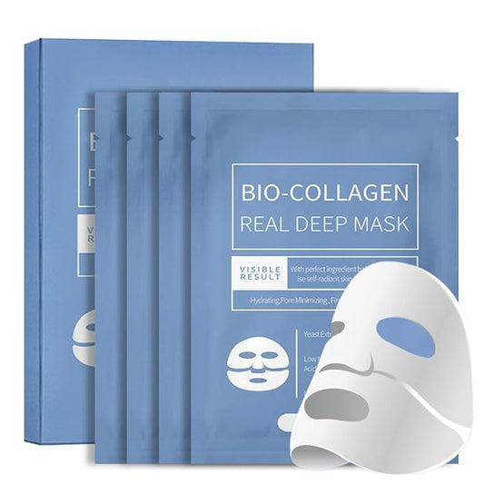 Bio-Collagen Real Deep Mask, Overnight Hydrating Mask, Pore Minimizing, Firming, Yeast Extract, Low Molecular Hyaluronic Acid Solution, Low Molecular Collagen, 28g, 4ea (With nasolabial fold patches)