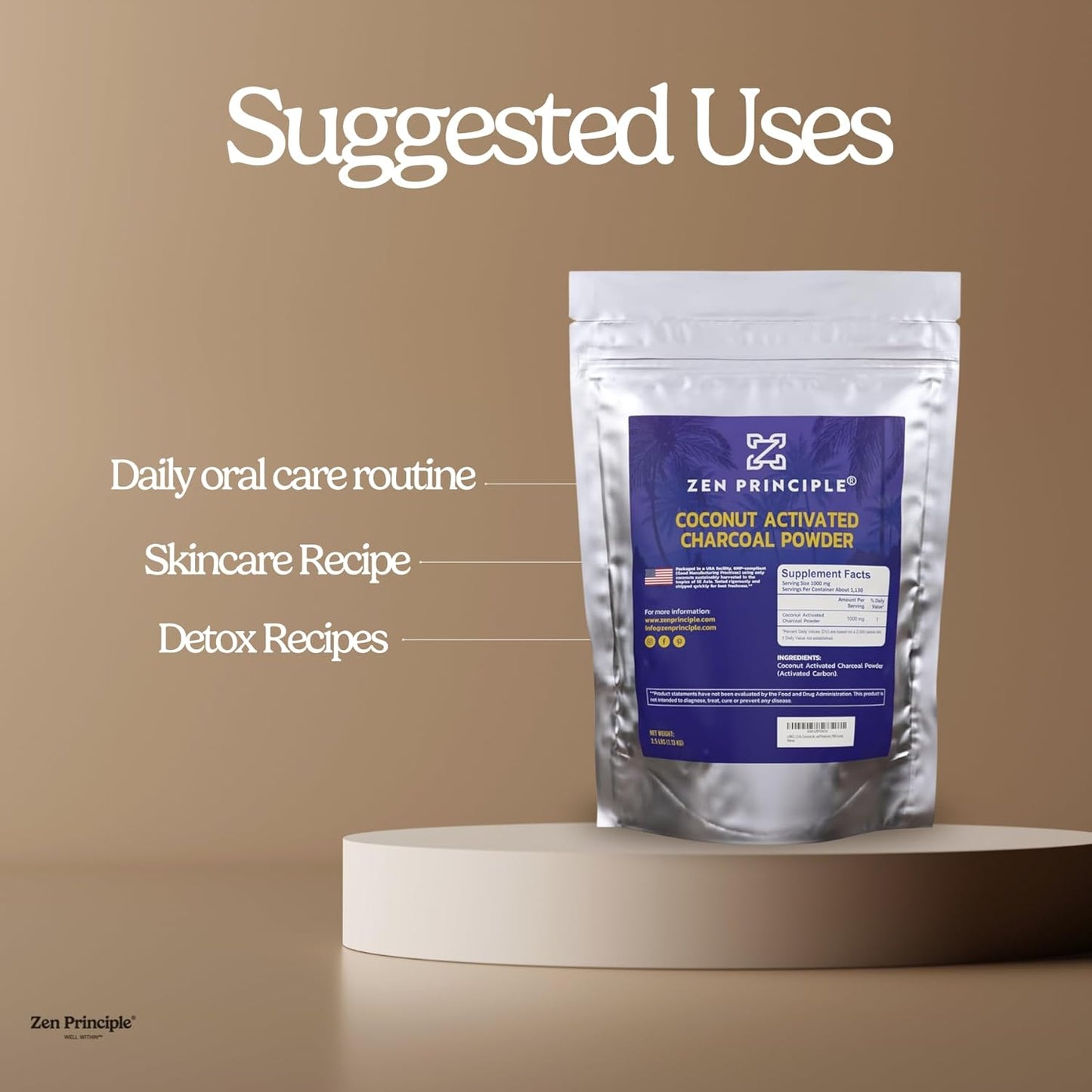 Zen Principle Coconut Activated Charcoal Powder. Whitens Teeth, Rejuvenates Skin and Hair, Supports Better Digestion. USA-Owned Producers, 2.5 lb