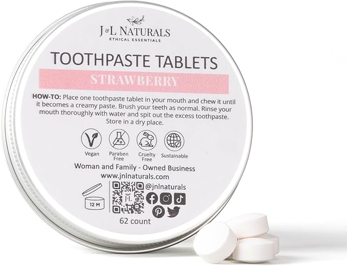 J&L Naturals Toothpaste Tablets | 62-Pack Travel-Friendly Toothpaste | Fluoride + Plastic Free, Vegan, Cruelty Free, Sustainable | Woman-Owned Small Business (Strawberry, 62 Count (Pack of 1))