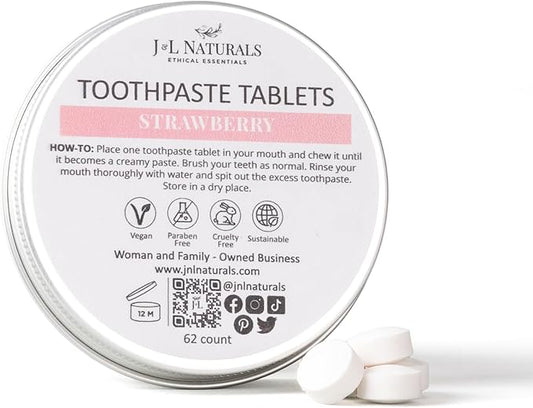 J&L Naturals Toothpaste Tablets | 62-Pack Travel-Friendly Toothpaste | Fluoride + Plastic Free, Vegan, Cruelty Free, Sustainable | Woman-Owned Small Business (Strawberry, 62 Count (Pack of 1))