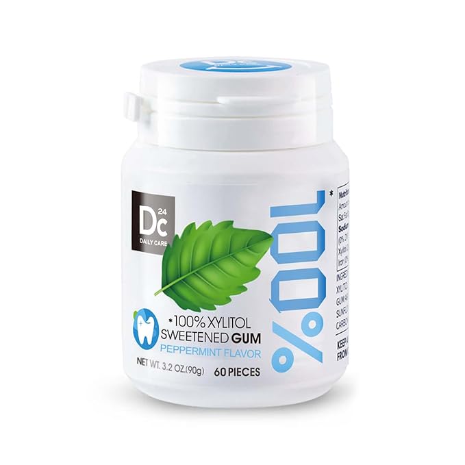 DC24 DAILY CARE 100% Xylitol Gum, No Aspartame, Sugar Free Peppermint Chewing Gum, Natural Flavors, Gluten Free, Vegan, 60 Pieces, Pack of 1