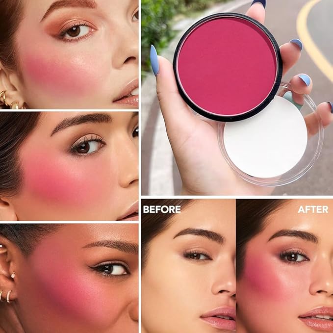 Natural Single Matte for Face Cheeks Blush with Makeup Powder Puff,Bright Red Monochrome Blusher Cream Powder Makeup Palette Blush Long-lasting Color Blendable Foundation for Women Every Day 08