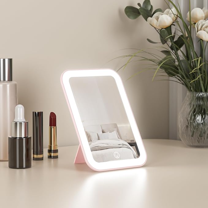 Kintion Travel Makeup Mirror, 6"*4.2" Rechargeable Portable LED Lighted Tabletop Vanity Mirror, 3 Colors Touch Dimmable Compact Mirror for Women Gift, Pink