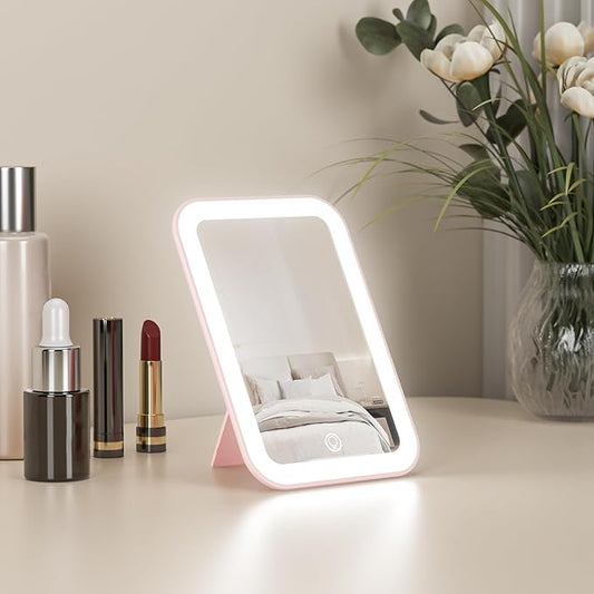 Kintion Travel Makeup Mirror, 6"*4.2" Rechargeable Portable LED Lighted Tabletop Vanity Mirror, 3 Colors Touch Dimmable Compact Mirror for Women Gift, Pink