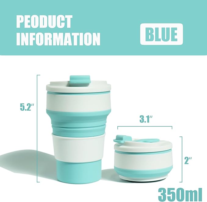 Collapsible Cup for Traveling, 12Oz Collapsible Silicone Travel Cup for Hot and Cold Drinks, Leak Proof Reusable Folding Travel Coffee Mug for Camping & Hiking, Blue
