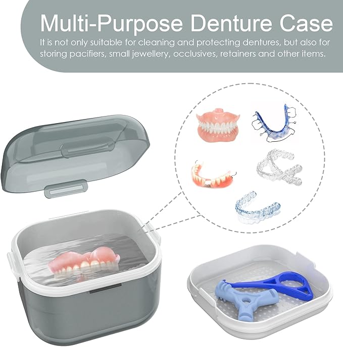 ARGOMAX Denture Case, Denture Cup for Soaking Dentures(Not Leak-Proof), Thorough Cleaning of Dentures, Retainer, Mouthguards, Clear Braces (Grey).