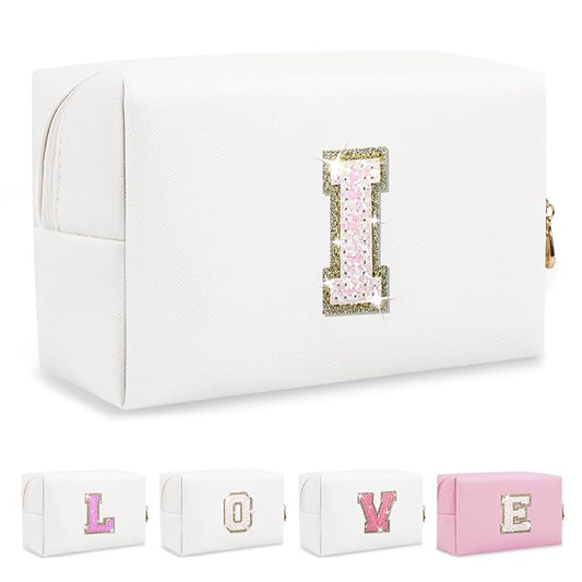 Small Initial Patch Makeup Bag Personalized Gifts Make Up Bag,White Cute PU Leather Glitter Letter Cosmetic Bag with Zipper,Trendy Portable Travel Toiletry Pouch,Preppy Stuff for Teen Girls Women I