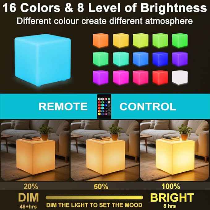 20-in LED Cube Chair, Dimmable RGB Color Changing Light Cubes w/Remote, Versatile Large LED Cube Seat, Rechargeable Light Table Waterproof Outdoor Floor Lamp, Ideal Home Garden Patio Pool Party Decor