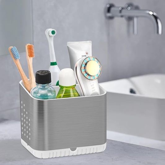 Toothbrush Holders for Bathrooms, Kids Electric Toothbrush and Toothpaste Holder, Brushed Nickel Toothbrush Caddy, Tooth Brushing Stand for Bathroom Organizer Countertop (Brushed Silver)