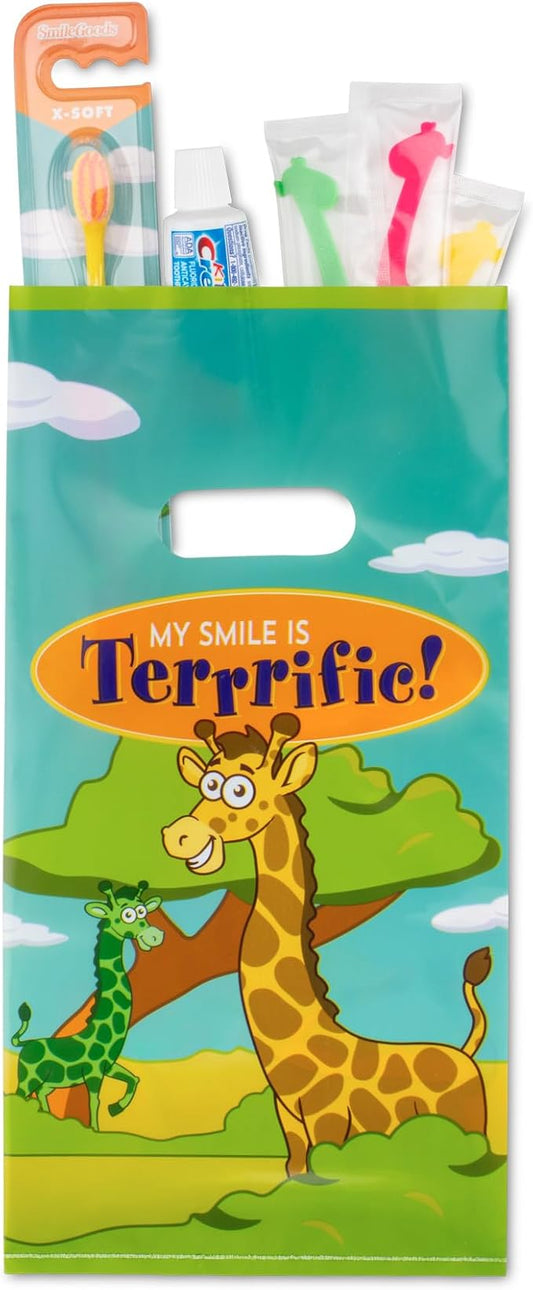 Practicon SmileGoods Dental Hygiene Kit, Makes 72 Dental Care Giveaways with Toothbrush, Toothpaste, Flossers and Bag (Giraffe)