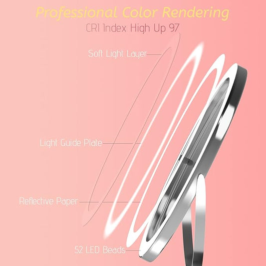 8" Lighted Makeup Mirror with Magnification, 1X/10X Magnifying Mirror with Light, Double Sided 360° Cordless Rechargeable, 3 Colors Brightness Adjustable Makeup Mirror with Lights with 52 LED(Silver)