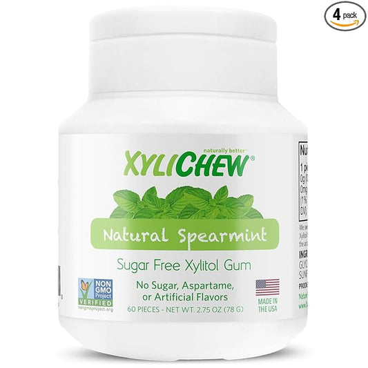 Xylichew 100% Xylitol Chewing Gum Jars - Non GMO, Gluten, Aspartame, and Sugar Free Gum - Natural Oral Care, Relieves Bad Breath and Dry Mouth - Spearmint, 60 Count (Pack of 4)