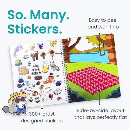 Land of Cats Sticker + Coloring Book (300+ Cat Stickers for Kids & 8 Scenes) by Cupkin, Side by Side Activity Book Design, Cat Sticker Books Kids Ages 4-8, Also Great for Older Boys & Girls