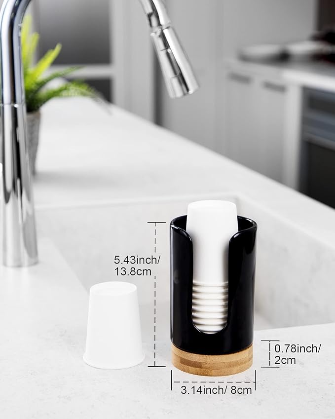 Ceramic Bathroom Cups Dispenser - 3-5 oz Disposable Paper & Plastic Bathroom Cups Holder - Mouthwash Cups Dispenser for Bathroom, Guest Toiletries, Countertop, Coffee - BPA Free (Black)