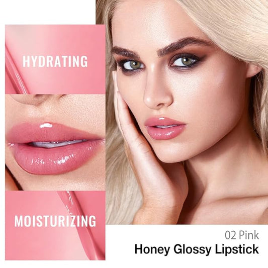 Kaely Pink Honey Lipstick Tinted Lip Balm, Hydrating Shine Lipstick for Women Dry Lips, Moisturizing Nourishing Glossy Lip Gloss Stain Makeup, Sheer Lightweight, Vegan & Cruelty-Free, 02